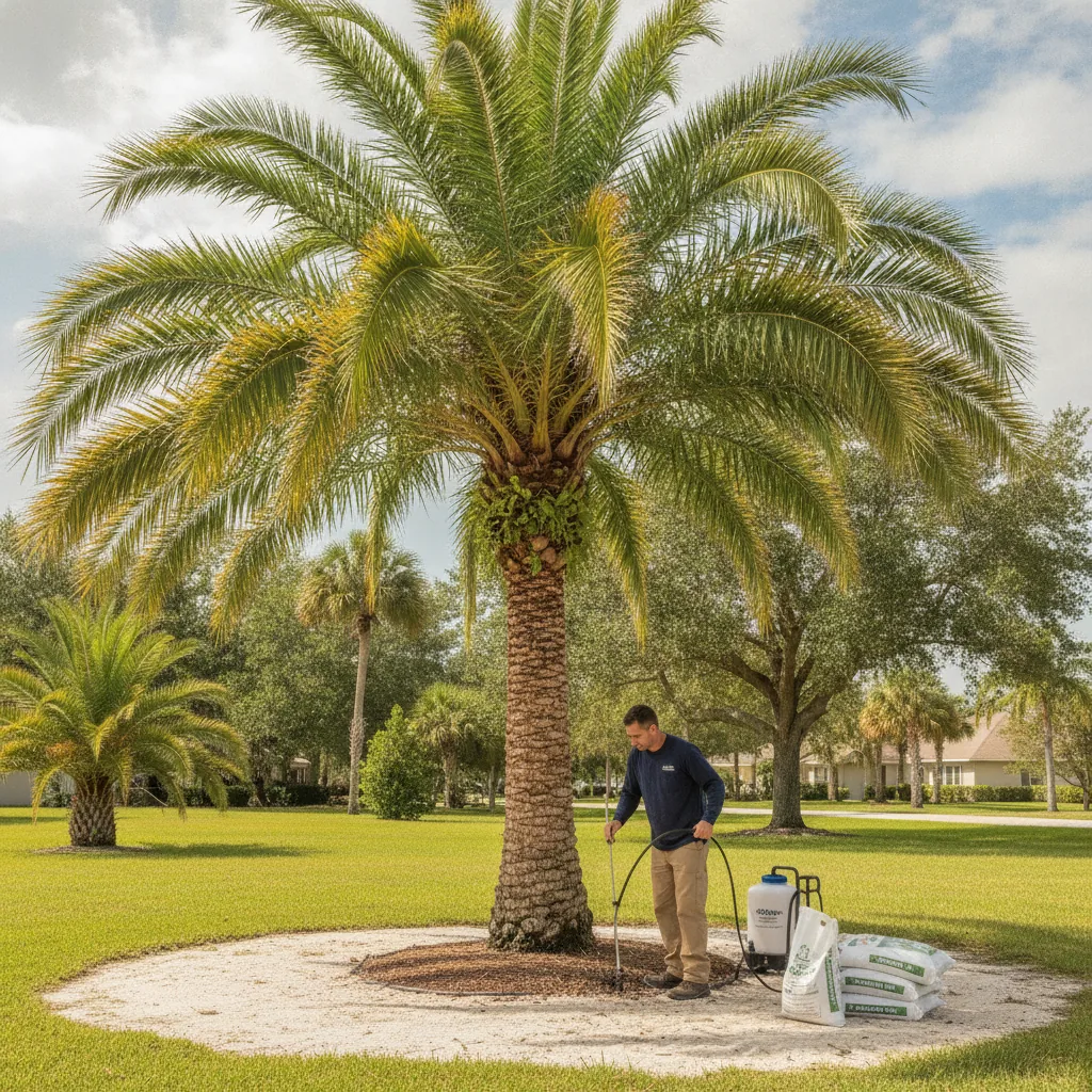 Tree service technician applying fertilizer to a large palm tree in a residential lawn.